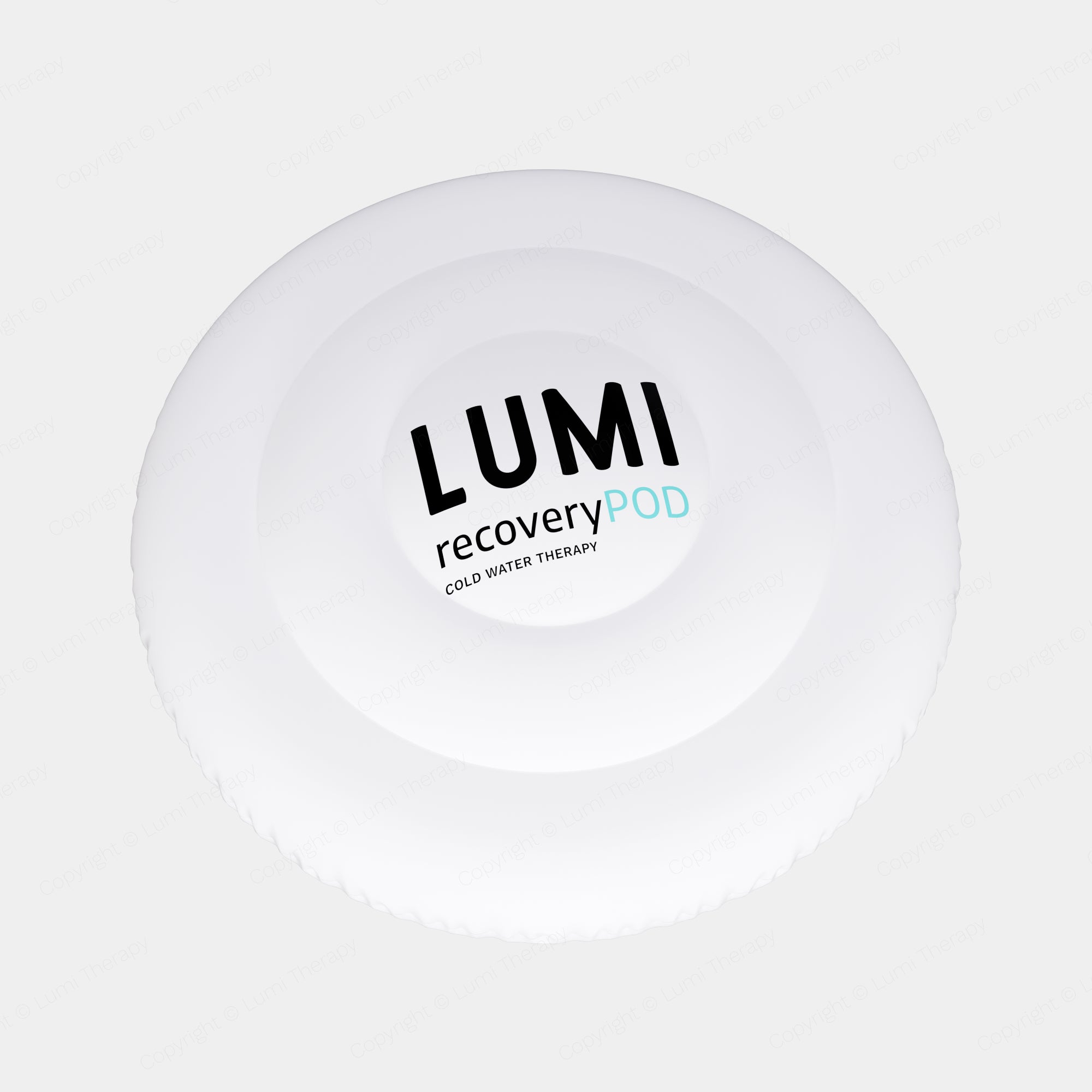 LUMI UFO Thermo Lid, a white inflatable circular cover with pyramid design, featuring black LUMI recovery pod branding in the center. Designed to insulate ice bath water and prevent water collection on top.