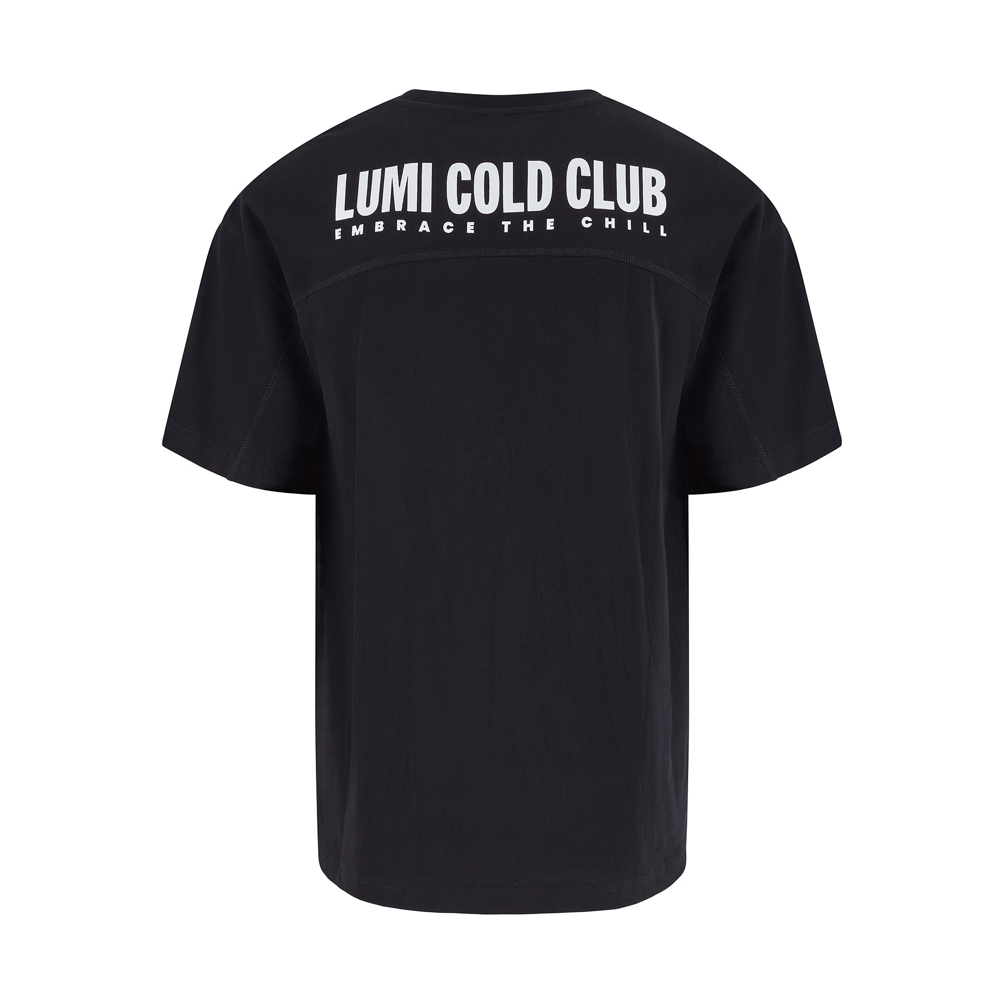 Men's LCC Oversized T-Shirt Black featuring a relaxed fit design with LUMI Cold Club text graphic across the back in white. Premium heavyweight black cotton construction with short sleeves and classic crew neckline, showcasing minimalist streetwear style.