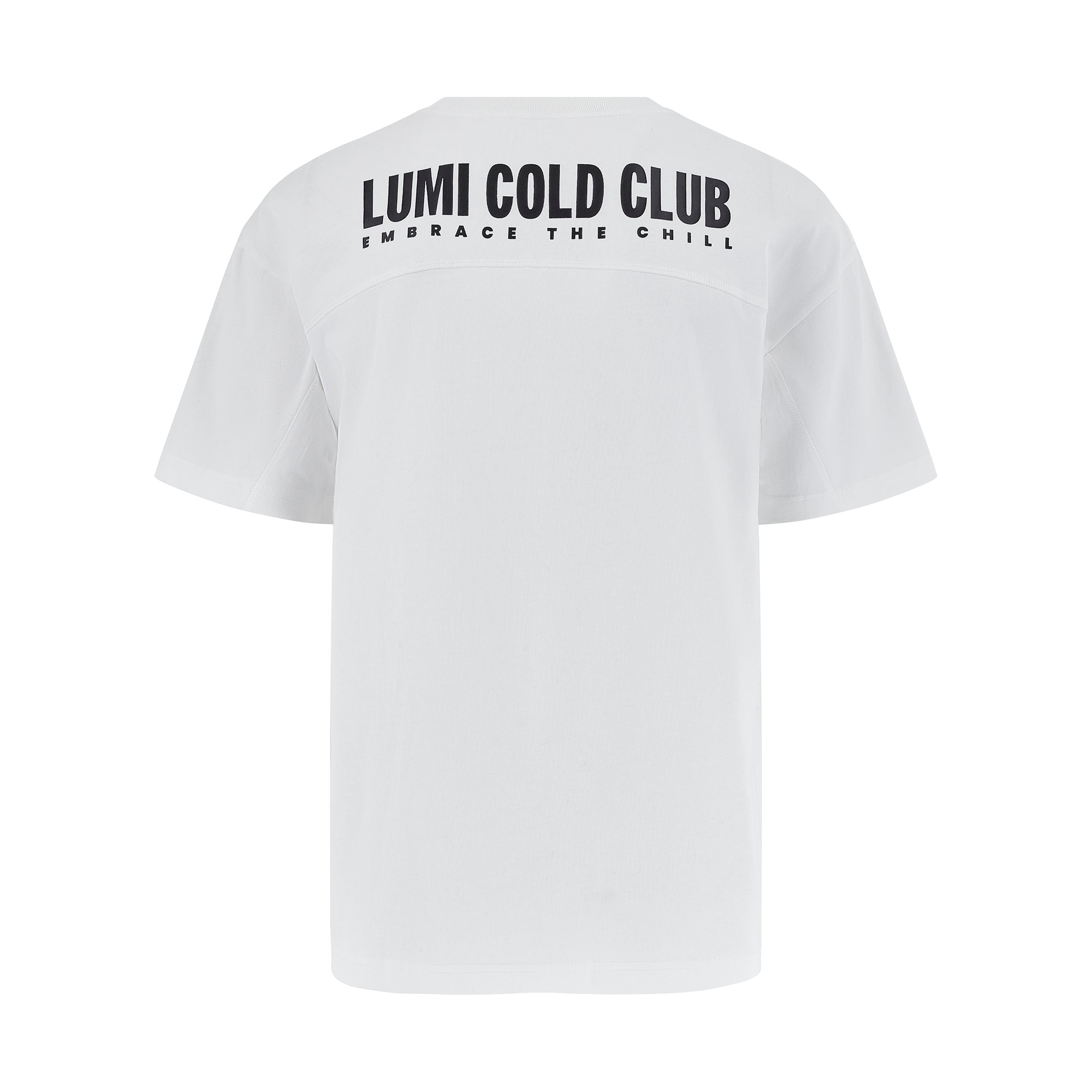 Men's LCC Oversized T-Shirt White featuring premium heavyweight cotton construction, relaxed fit, and LUMI Cold Club back graphic print in black. Classic white colorway with short sleeves and crew neckline, showcasing minimalist streetwear design.
