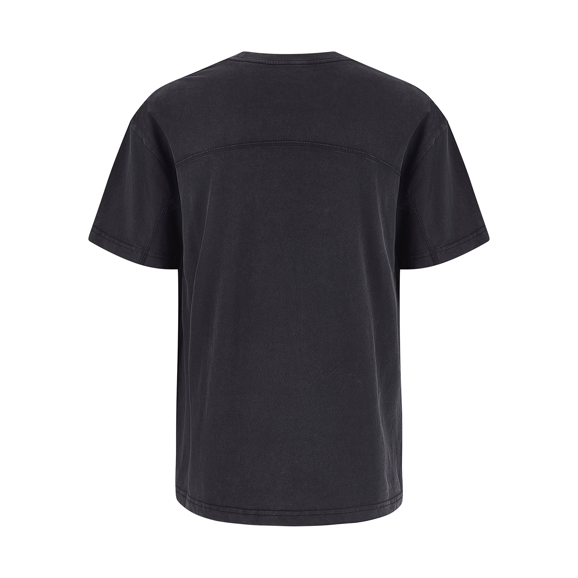 Mens LUX Oversized T-Shirt Black Wash featuring a relaxed-fit silhouette with paneled construction, shown from back view. Premium heavyweight black cotton tee with washed effect and subtle panel detailing across shoulders, displaying clean minimalist design.