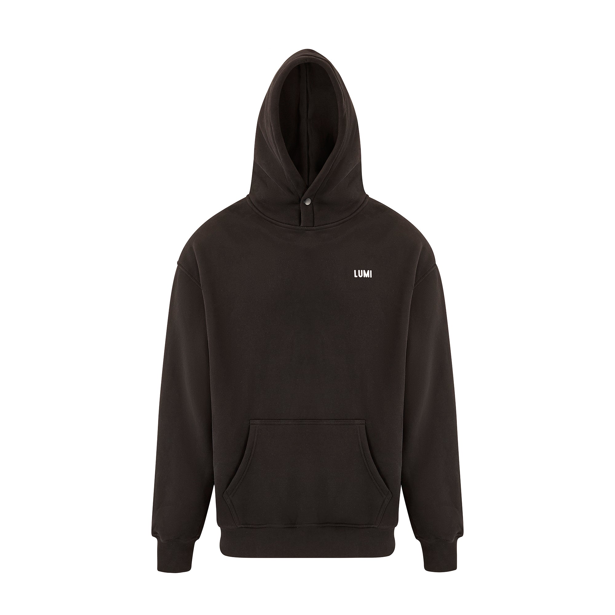 Unisex LCC Oversized Hoodie Black featuring a minimalist design with front kangaroo pocket, adjustable hood, ribbed cuffs, and small white LUMI logo on chest. Back displays LUMI Cold Club graphic. Premium black cotton-polyester blend fabric showcases modern streetwear aesthetic.