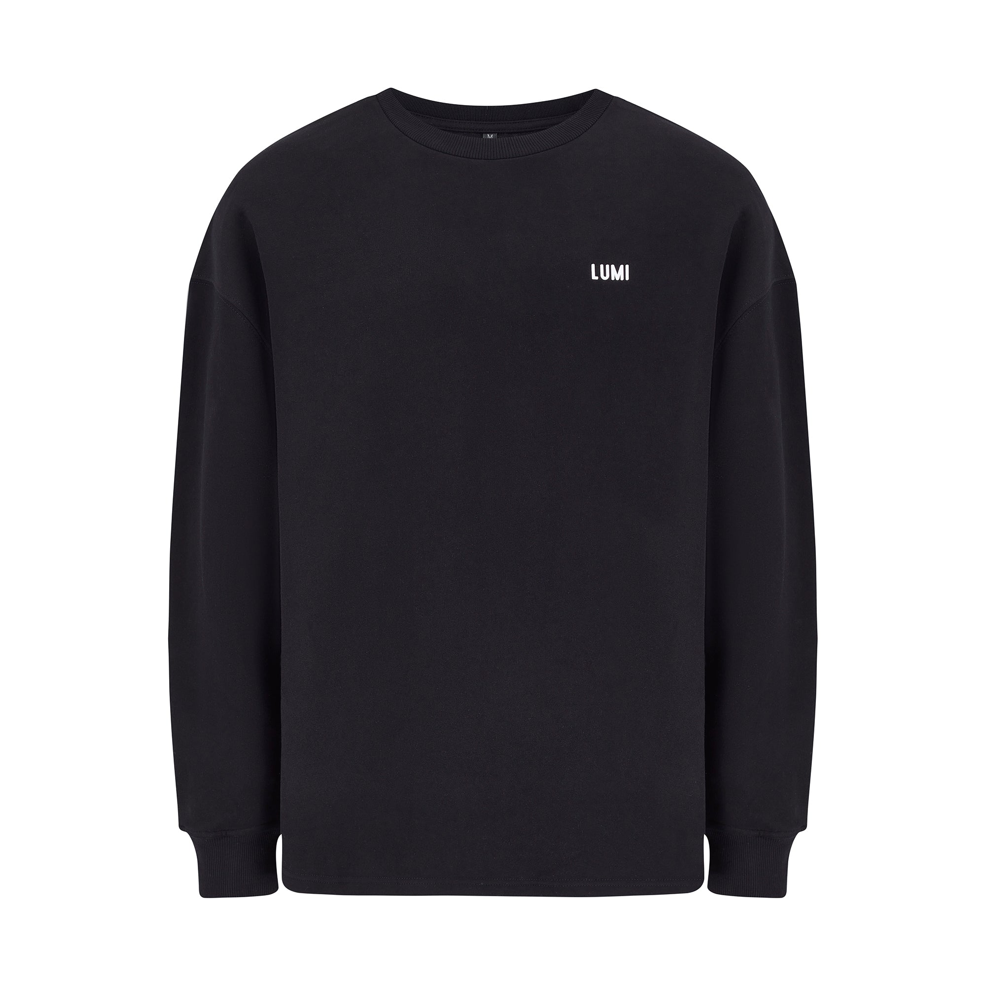 Unisex LCC Oversized Sweatshirt Black featuring a minimalist design with small white LUMI logo on chest. Classic black heavyweight cotton-polyester blend sweatshirt with ribbed cuffs and hem, shown flat against white background. Perfect for post-ice bath comfort and everyday wear.