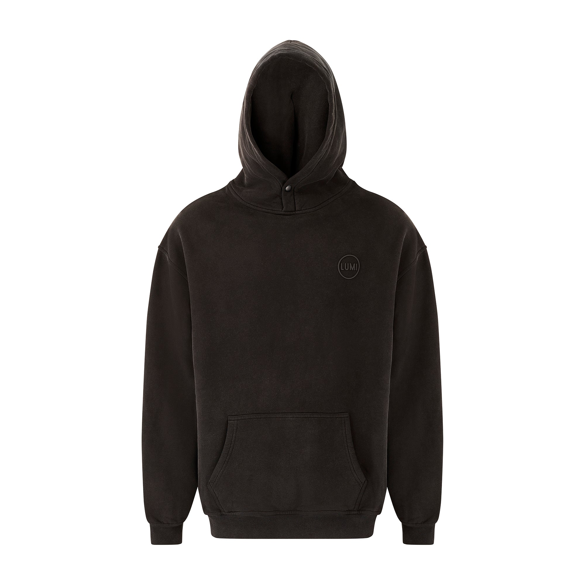 Unisex LUX Oversized Hoodie Black Wash featuring a relaxed fit design with front kangaroo pocket, adjustable hood with popper button, and embossed rubber logo. Shown in black wash color with ribbed cuffs and heavyweight cotton blend construction.