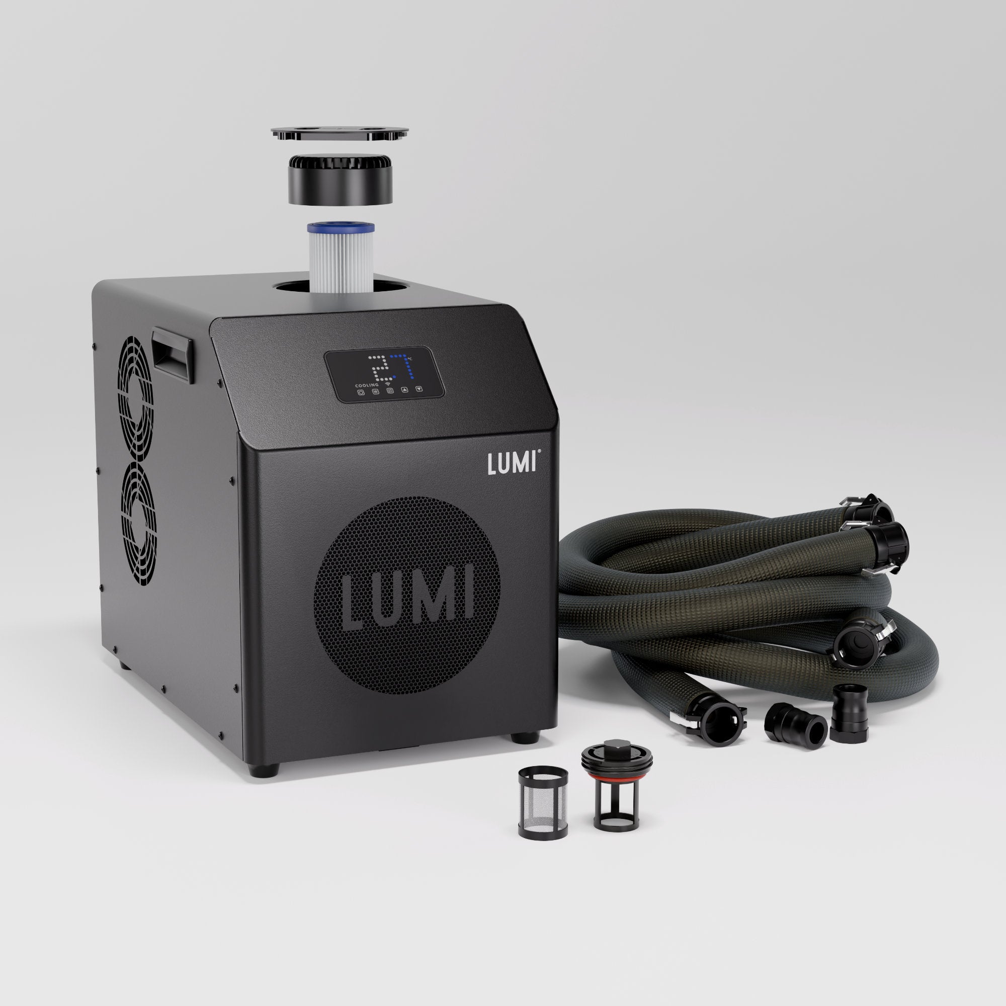 The LUMI Mini Chiller 2, showing the filters and cam-lock hoses.