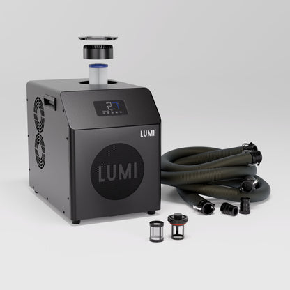 The LUMI Mini Chiller 2, showing the filters and cam-lock hoses.