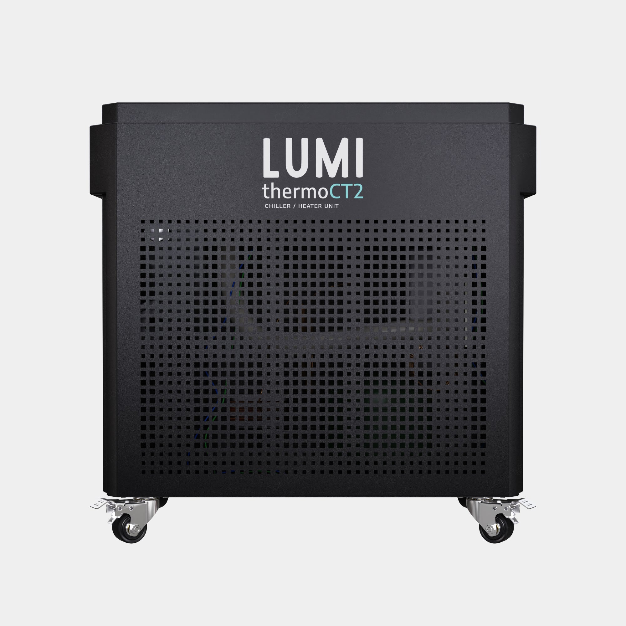 Refurbished LUMI Thermo CT2 Chiller unit in matte black finish with perforated front panel design, mounted on wheels. Features white LUMI branding and thermoCT2 text on front, designed for precise temperature control in ice bath systems.