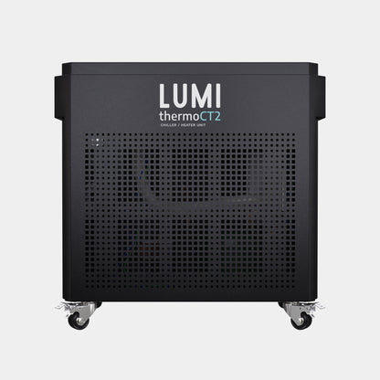 Refurbished LUMI Thermo CT2 Chiller unit in matte black finish with perforated front panel design, mounted on wheels. Features white LUMI branding and thermoCT2 text on front, designed for precise temperature control in ice bath systems.