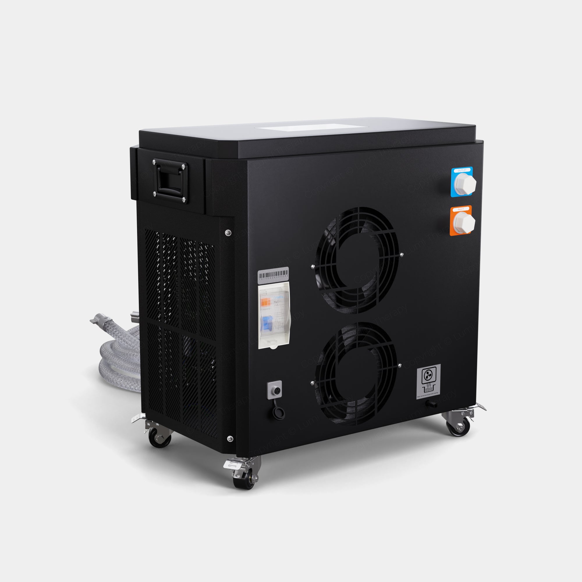 Refurbished Thermo CT2 Chiller unit in matte black finish with dual cooling fans, mounted on wheels. Features control panel, water connections, and gray power cord. Professional-grade water cooling system for ice baths and recovery equipment.