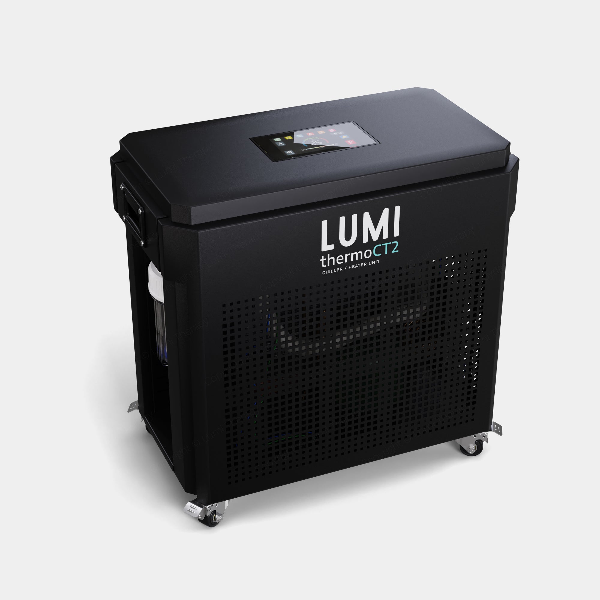 Refurbished Thermo CT2 Chiller unit in matte black finish with LUMI branding, featuring a digital display screen, ventilation grid pattern, and mounted on wheels for mobility. Professional-grade water cooling system for ice baths and recovery treatments.