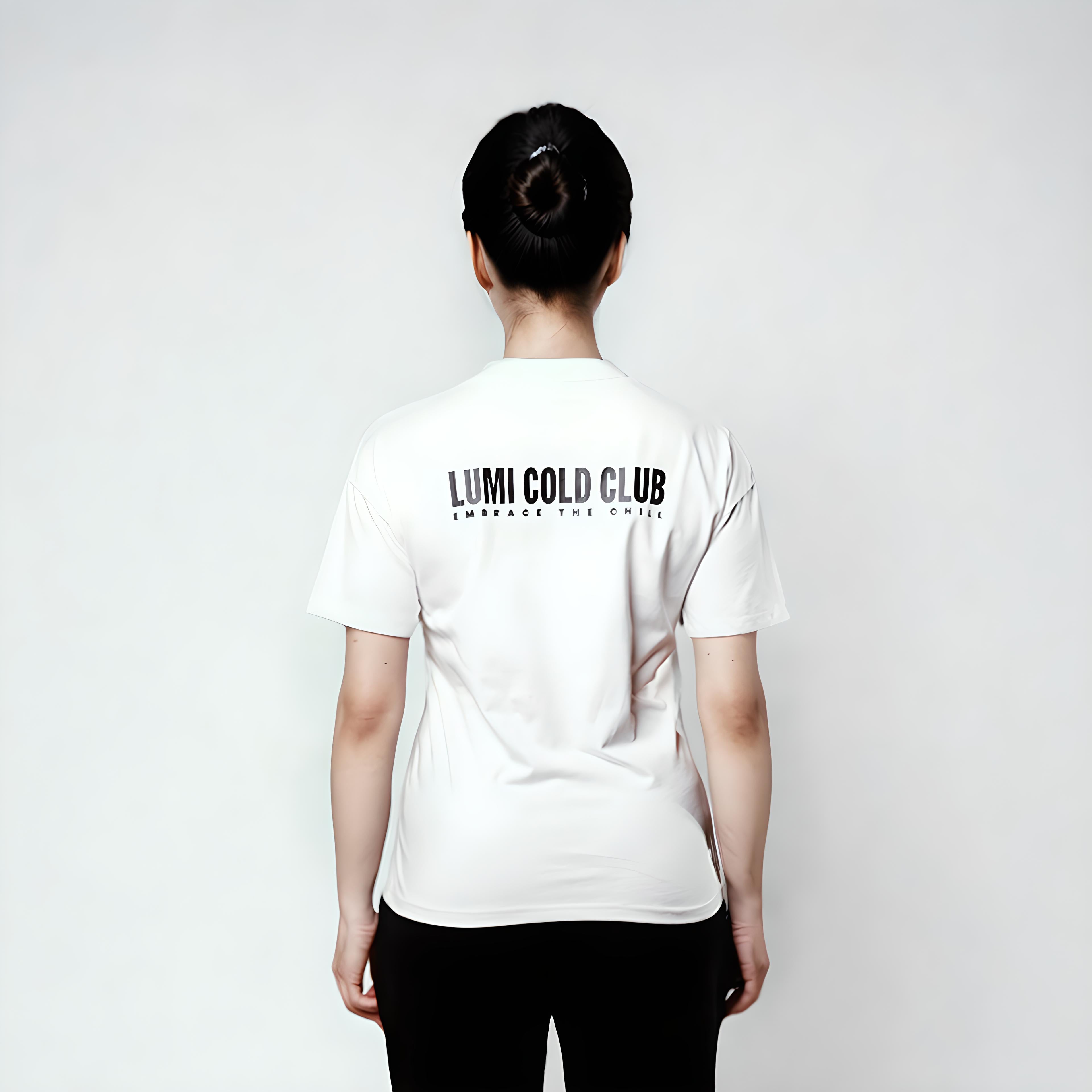 Back view of Women's LCC T-Shirt White showing 'LUMI COLD CLUB' text graphic print, featuring classic crew neck design and short sleeves against light background, showcasing premium cotton heavyweight fabric in crisp white color