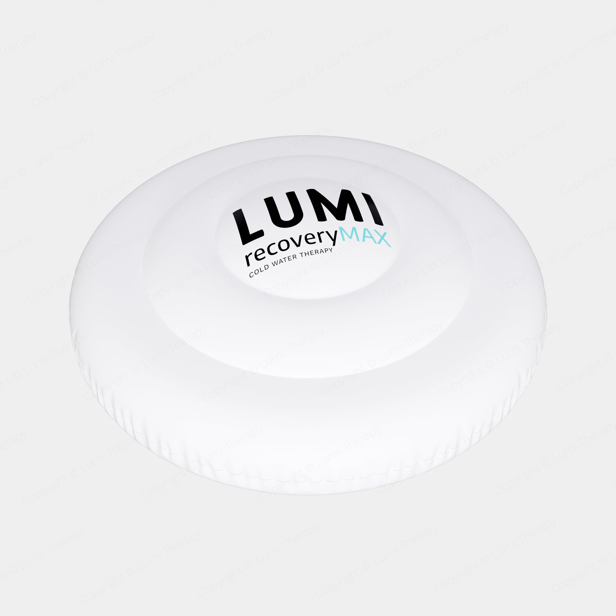 LUMI UFO Thermo Lid, a white inflatable circular cover with pyramid design, featuring black LUMI recovery MAX branding, designed to insulate ice bath water and prevent water collection on top. Shown against white background.