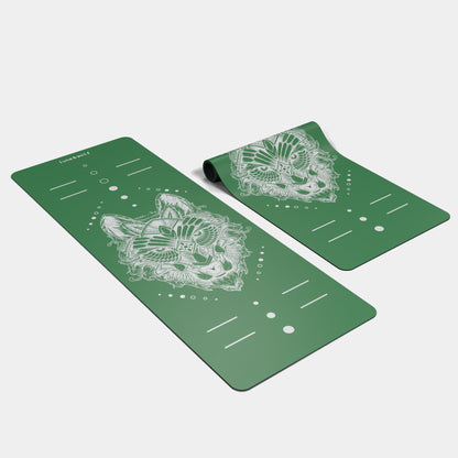 Eco Wolf Yoga Mat in matcha green featuring a white geometric wolf mandala design with alignment markers. Premium 4mm thick eco-friendly exercise mat with non-slip surface and cushioned support for yoga practice.