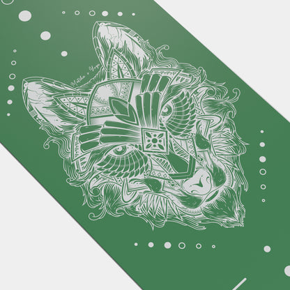 Eco Wolf Yoga Mat in Matcha green featuring an intricate white geometric wolf design with ornate mandala patterns, decorative bubbles, and flowing lines. Premium 4mm eco-friendly exercise mat with non-slip surface and artistic spiritual motif.