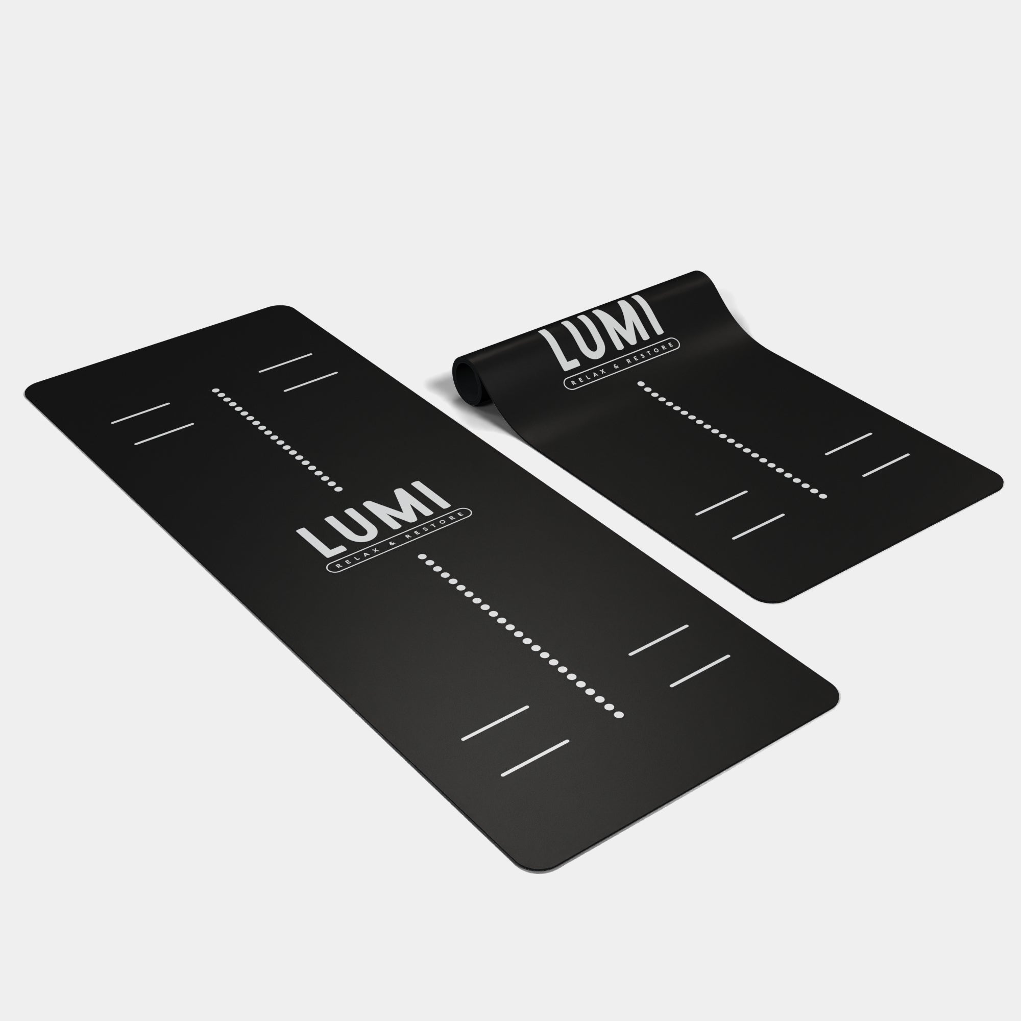 Eco Wolf Yoga Mat - Stretch featuring two black non-slip exercise mats with LUMI branding, dotted alignment markers, and position guides. The mats display a minimalist design with one full-length and one shorter version, both with white markings for proper positioning.