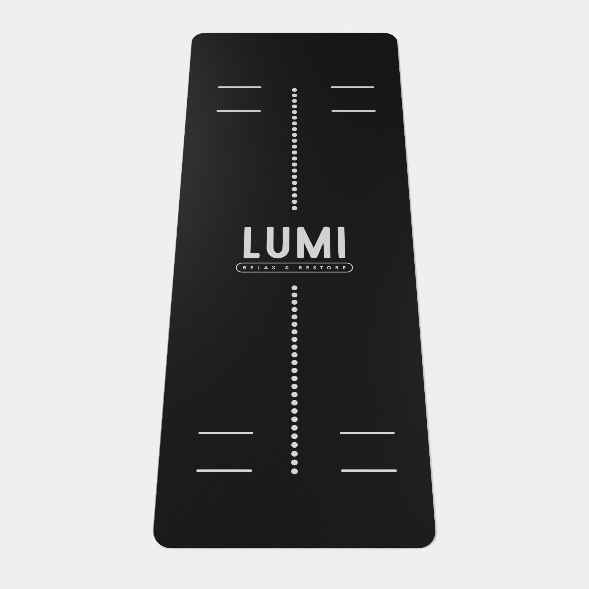 Eco Wolf Yoga Mat - Stretch featuring sleek black design with LUMI branding, alignment markers, and grip lines. Premium 4mm eco-friendly exercise mat with centered vertical positioning guides for proper form and balance.