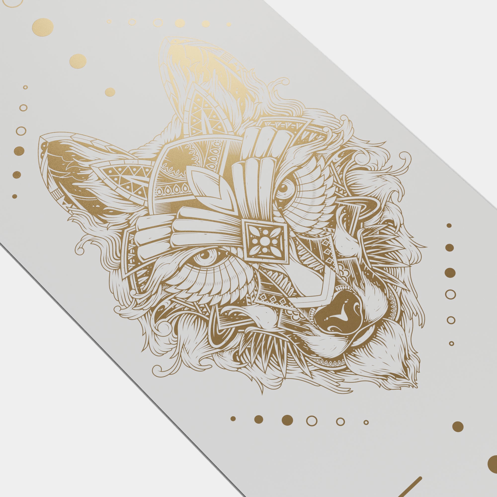 Eco Wolf Yoga Mat - Gold Edition featuring an intricate gold geometric wolf head design with ornate patterns, wings, and decorative circles on a light grey premium yoga mat surface. The artistic illustration combines tribal and modern elements in metallic gold finish.