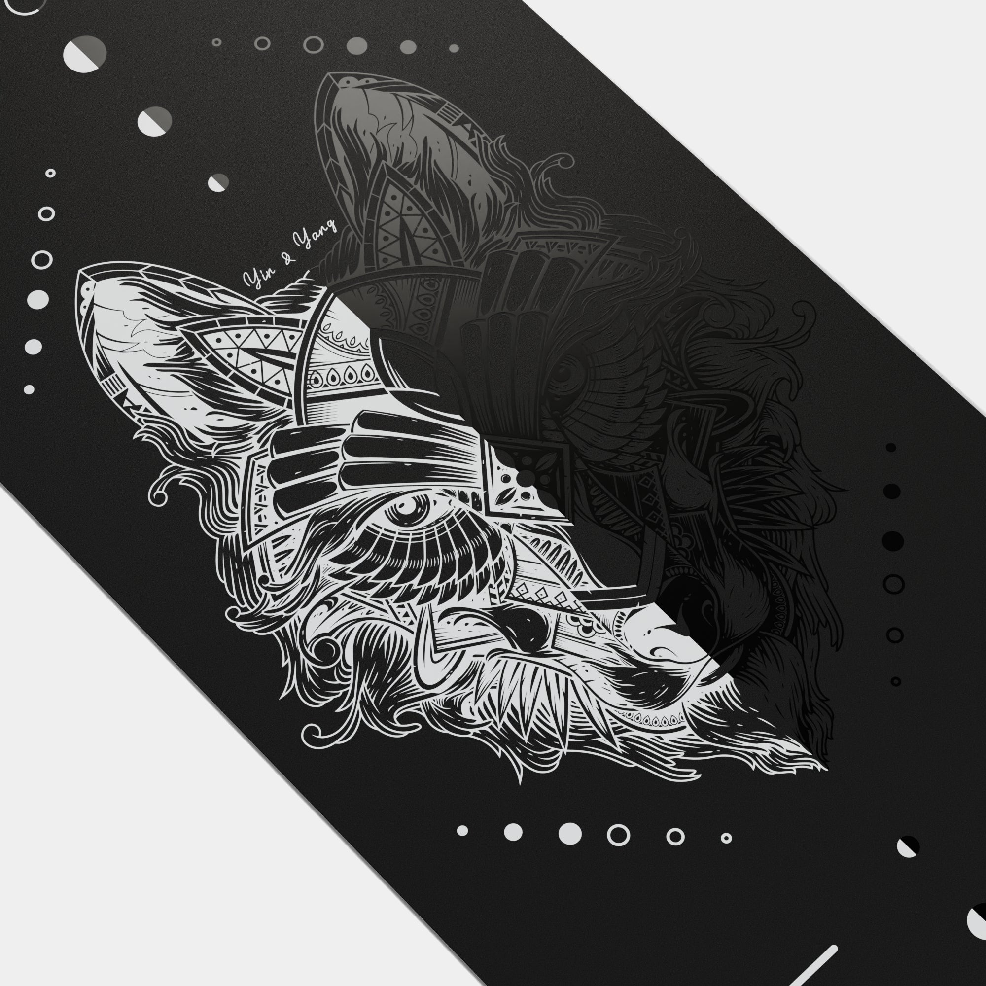 Eco Wolf YinYang Yoga Mat featuring an artistic black and white illustration of a mystical wolf head with intricate tribal patterns, flowing lines, and geometric designs against a dark background, bordered by delicate moon phase symbols and circles.