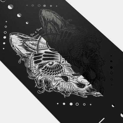 Eco Wolf YinYang Yoga Mat featuring an artistic black and white illustration of a mystical wolf head with intricate tribal patterns, flowing lines, and geometric designs against a dark background, bordered by delicate moon phase symbols and circles.