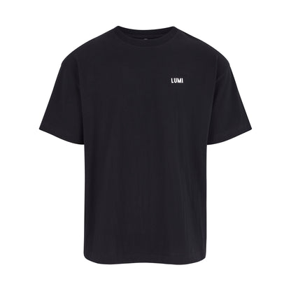 Men's LCC Oversized T-Shirt Black featuring a minimalist design with small LUMI logo on chest and relaxed fit. Premium 230gsm heavyweight cotton construction with paneled details and LUMI Cold Club graphic on back. Classic black colorway perfect for versatile styling.