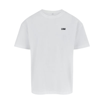 Men's LCC Oversized T-Shirt White featuring a relaxed-fit design in pure white cotton, with small LUMI logo printed on chest and oversized casual silhouette. Premium heavyweight 230gsm fabric with classic crew neckline and short sleeves.