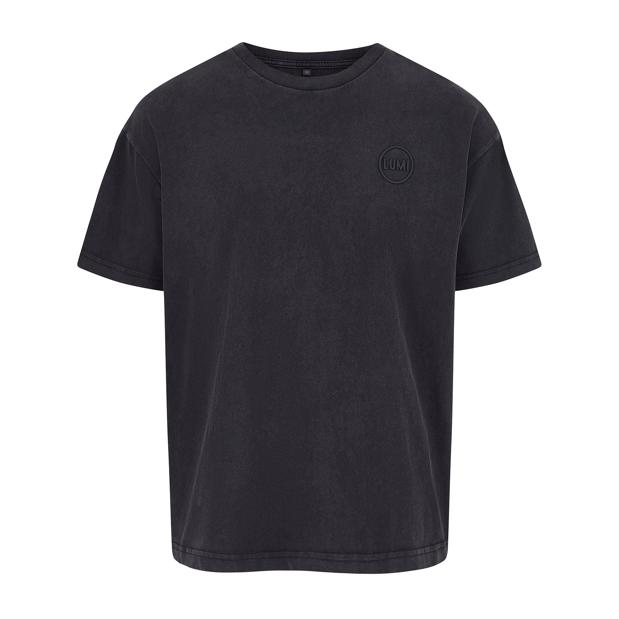 Mens LUX Oversized T-Shirt Black Wash featuring a relaxed fit design with washed black premium cotton fabric, raised rubber LUMI logo on chest, short sleeves, and ribbed crew neckline. Heavyweight 230gsm material with panelled construction for casual streetwear style.