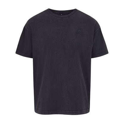 Mens LUX Oversized T-Shirt Black Wash featuring a relaxed fit design with washed black premium cotton fabric, raised rubber LUMI logo on chest, short sleeves, and ribbed crew neckline. Heavyweight 230gsm material with panelled construction for casual streetwear style.