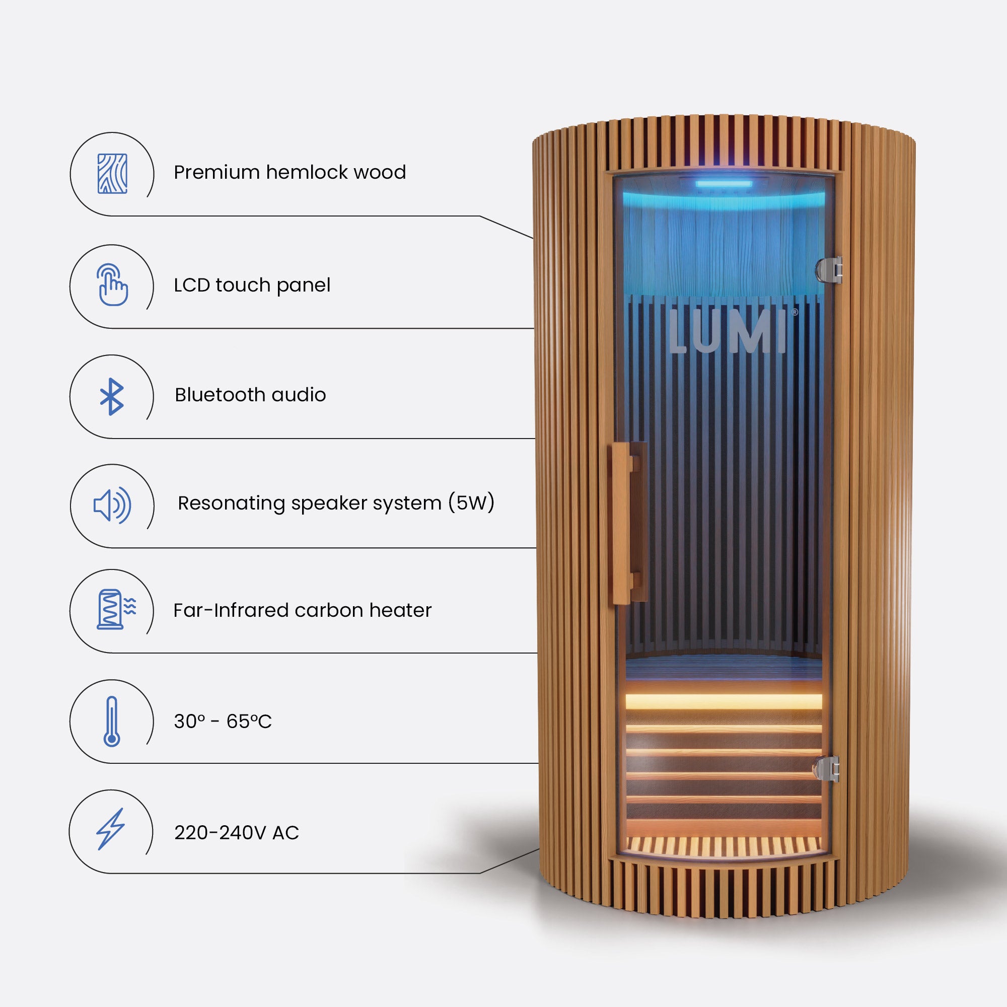 LUMI Sauna PRO modern infrared sauna featuring premium hemlock wood construction, curved glass door, and sleek Scandinavian design. Showcasing integrated LCD touch panel, Bluetooth audio, far-infrared carbon heater, and ambient blue lighting in a compact cylindrical form.