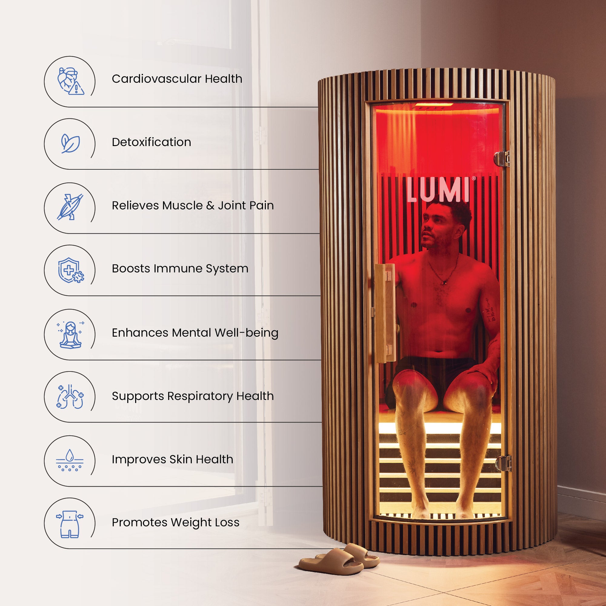 LUMI Sauna PRO infrared sauna with cylindrical Hemlock wood design showcasing health benefits including cardiovascular health, detoxification, muscle relief, and immune support. Features modern curved glass door emitting red infrared light, displayed alongside eight wellness benefit icons.