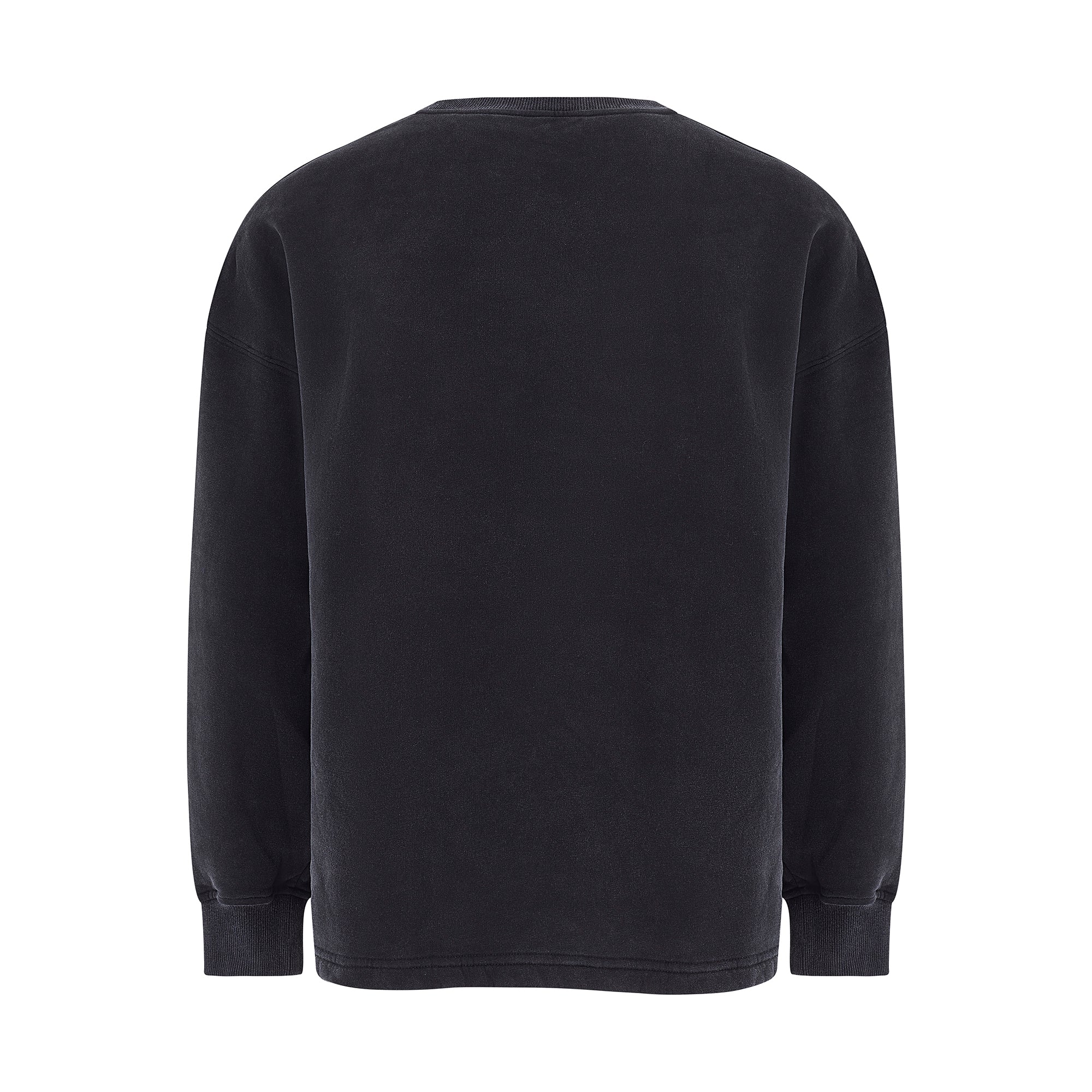 Unisex LUX Oversized Sweatshirt Black Wash shown from back view, featuring a relaxed fit silhouette in a washed black color with ribbed cuffs and hemline, displaying the classic oversized style with clean, minimal design.