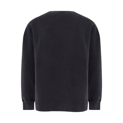 Unisex LUX Oversized Sweatshirt Black Wash shown from back view, featuring a relaxed fit silhouette in a washed black color with ribbed cuffs and hemline, displaying the classic oversized style with clean, minimal design.
