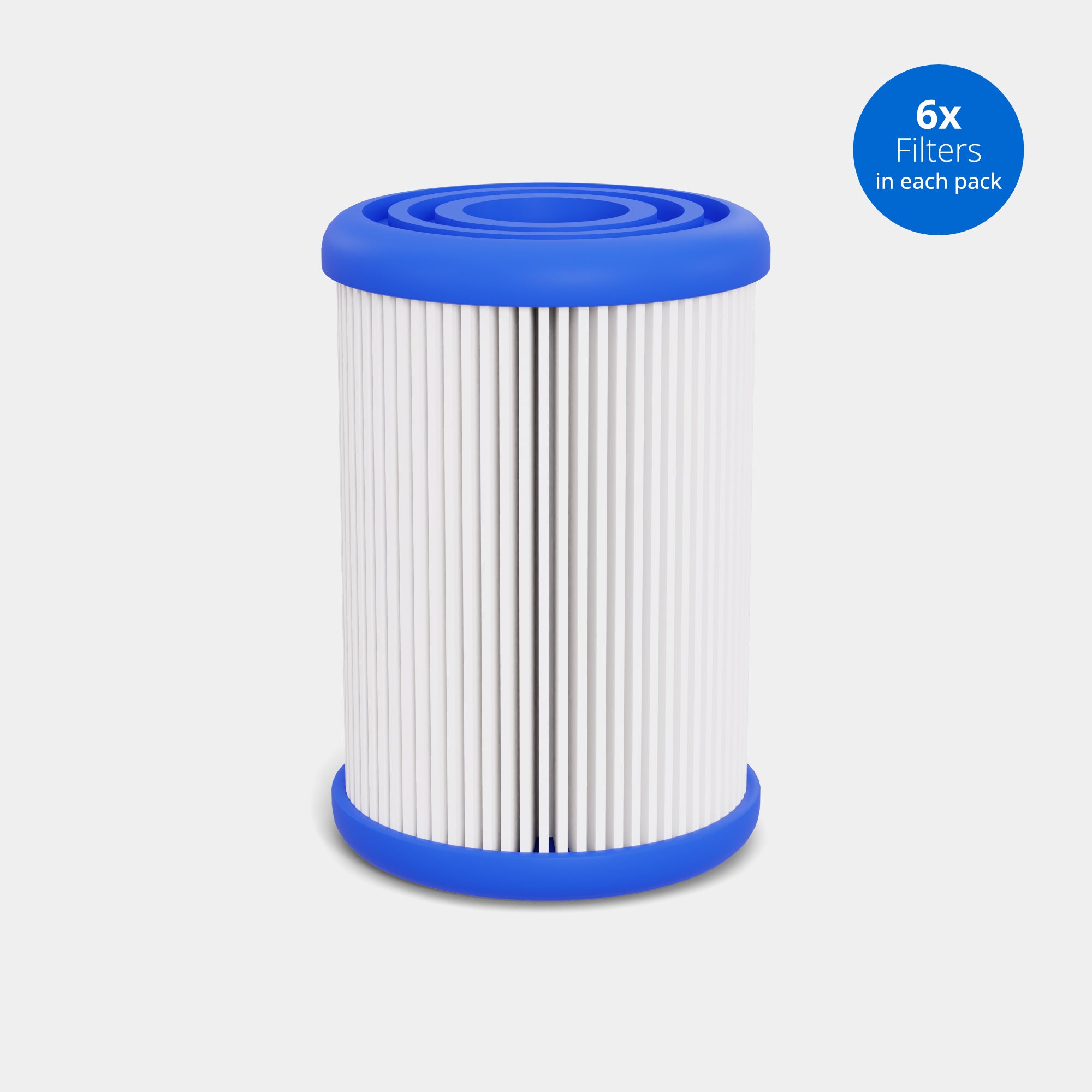 Thermo CT1 / CT2 Filters - 6 Pack Bundle: Cylindrical white high-density particle replacement filter with bright blue end caps, featuring vertical pleated filtration material for water purification in ice bath chillers. Product shown against white background with blue indicator showing 6 filters per pack.