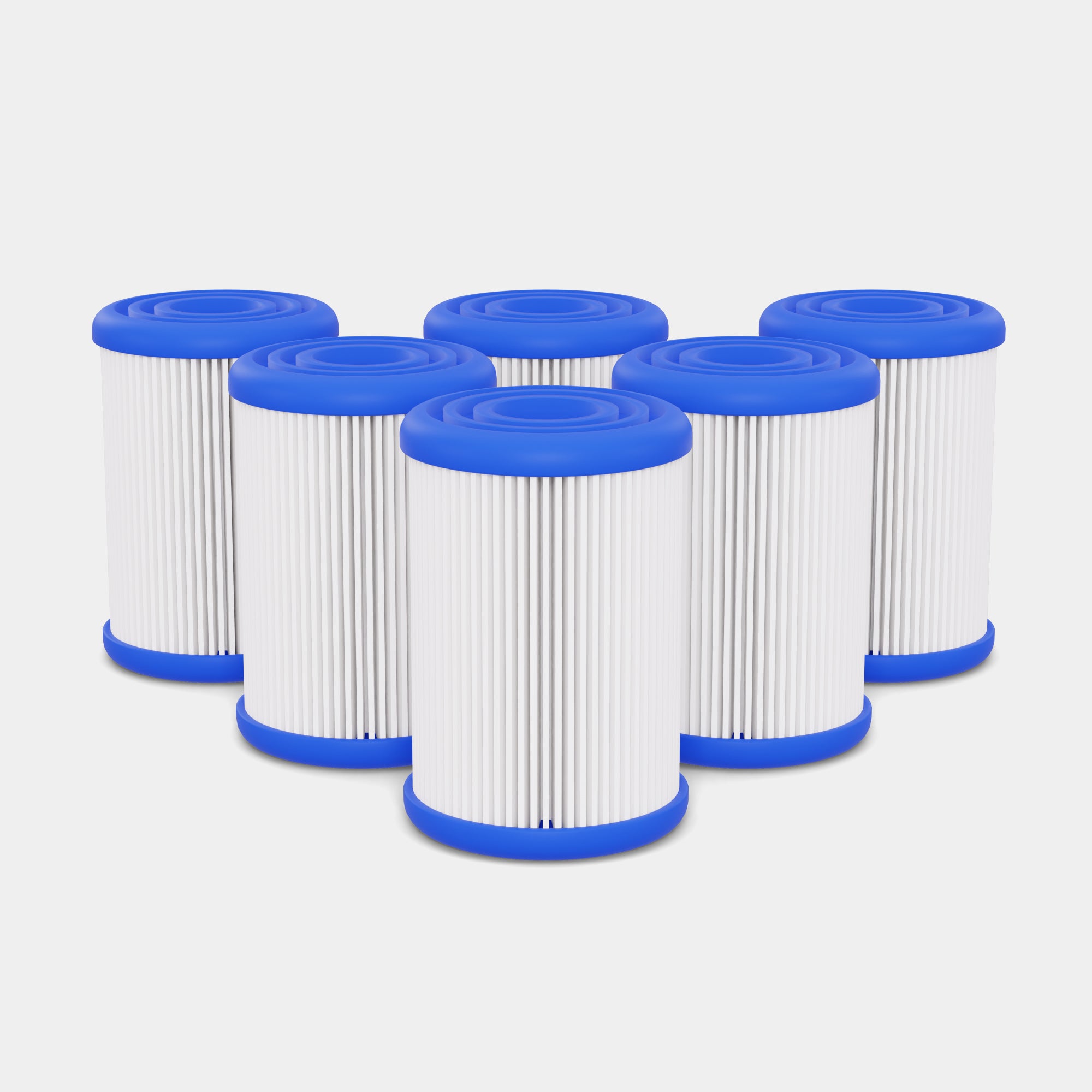 Six Thermo CT1/CT2 replacement filters arranged in a triangle formation, featuring white pleated filter cartridges with bright blue end caps, designed for LUMI ice bath chillers to maintain water purity and cleanliness