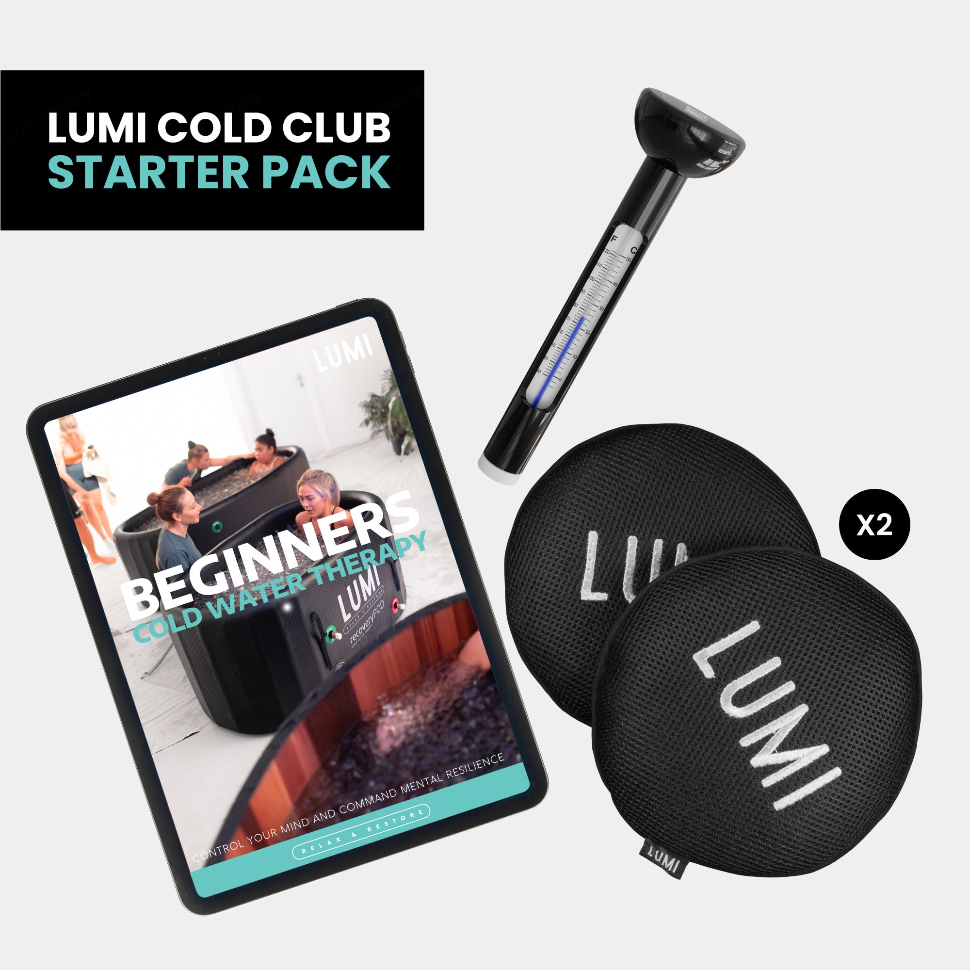 LUMI Cold Club Starter Pack featuring essential cold therapy tools: digital thermometer, beginner's guide tablet display, and two black circular LUMI branded scum sponges arranged on white background. Complete kit for safe cold water immersion therapy.