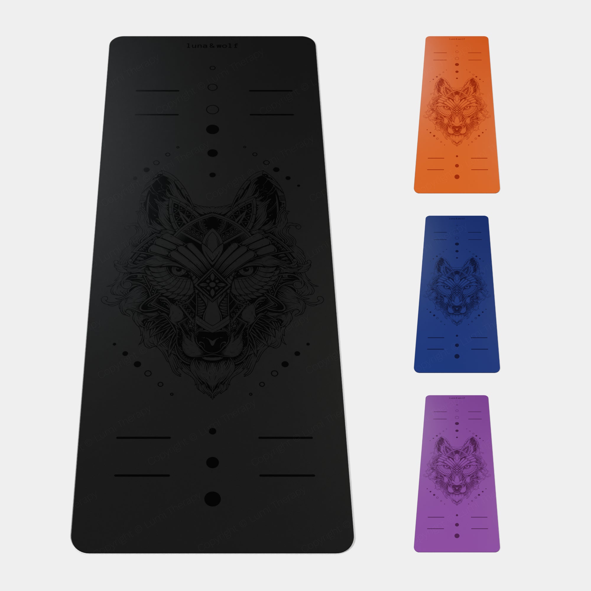 Eco Wolf Yoga Mat featuring geometric wolf head design in black, orange, blue, and purple variations. 4mm thick non-slip exercise mat with alignment markers and textured surface for enhanced grip. Premium eco-friendly material with detailed wolf artwork centered on each mat.