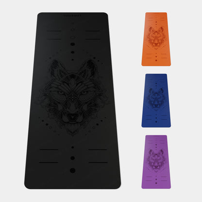 Eco Wolf Yoga Mat featuring geometric wolf head design in black, orange, blue, and purple variations. 4mm thick non-slip exercise mat with alignment markers and textured surface for enhanced grip. Premium eco-friendly material with detailed wolf artwork centered on each mat.