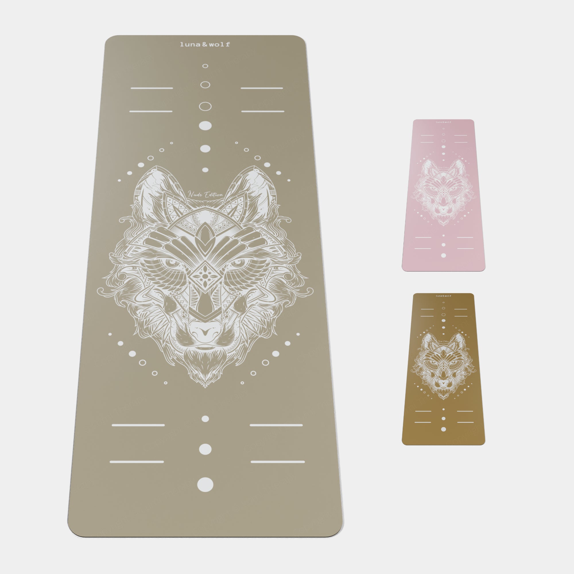 Eco Wolf Yoga Mat - Nude Edition featuring a geometric wolf head design in white on earth-toned backgrounds. Three mats shown in taupe, pink, and mustard colors with alignment markers and decorative circular patterns.