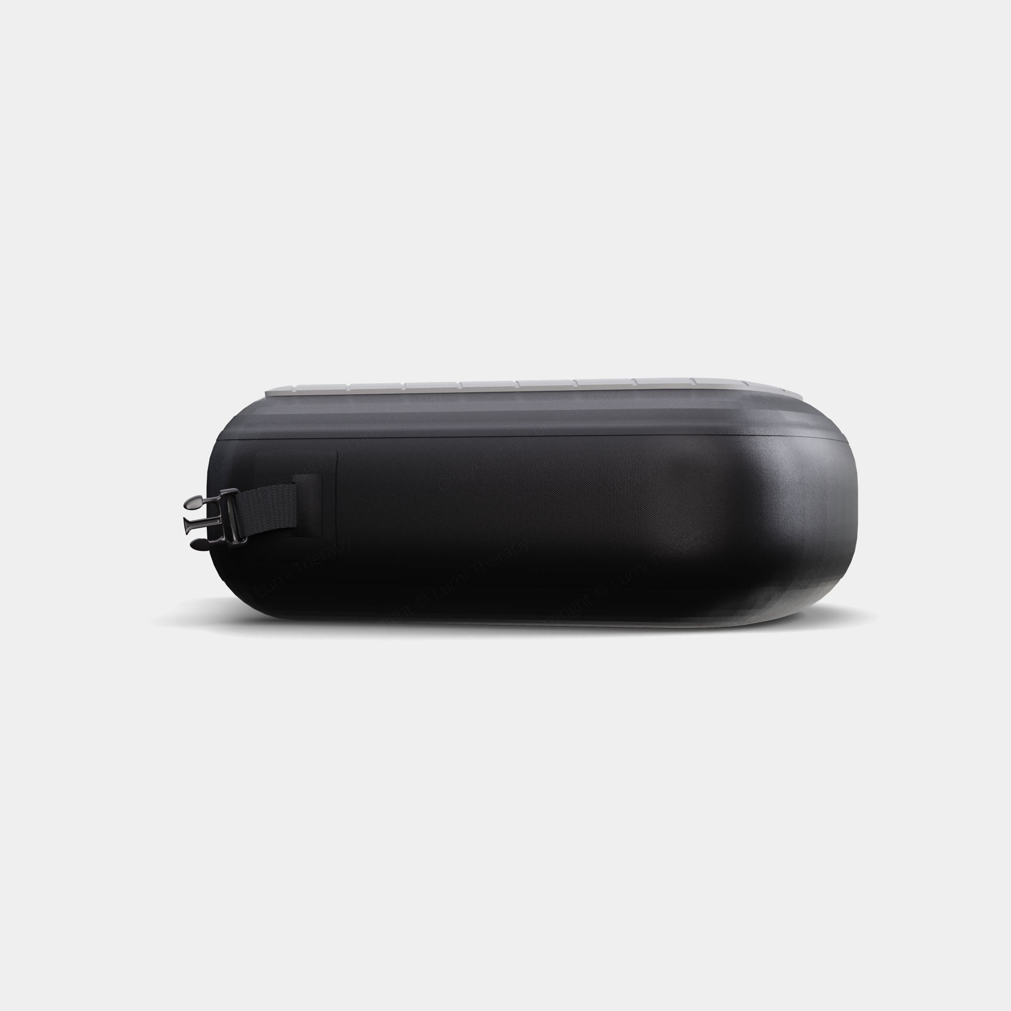 PRO Barrel Step - Black inflatable non-slip step made from Fibreglass Reinforced PVC, featuring a rubber grip top and secure buckle attachment. Side view shows sleek oval shape designed for safe ice barrel entry and exit.