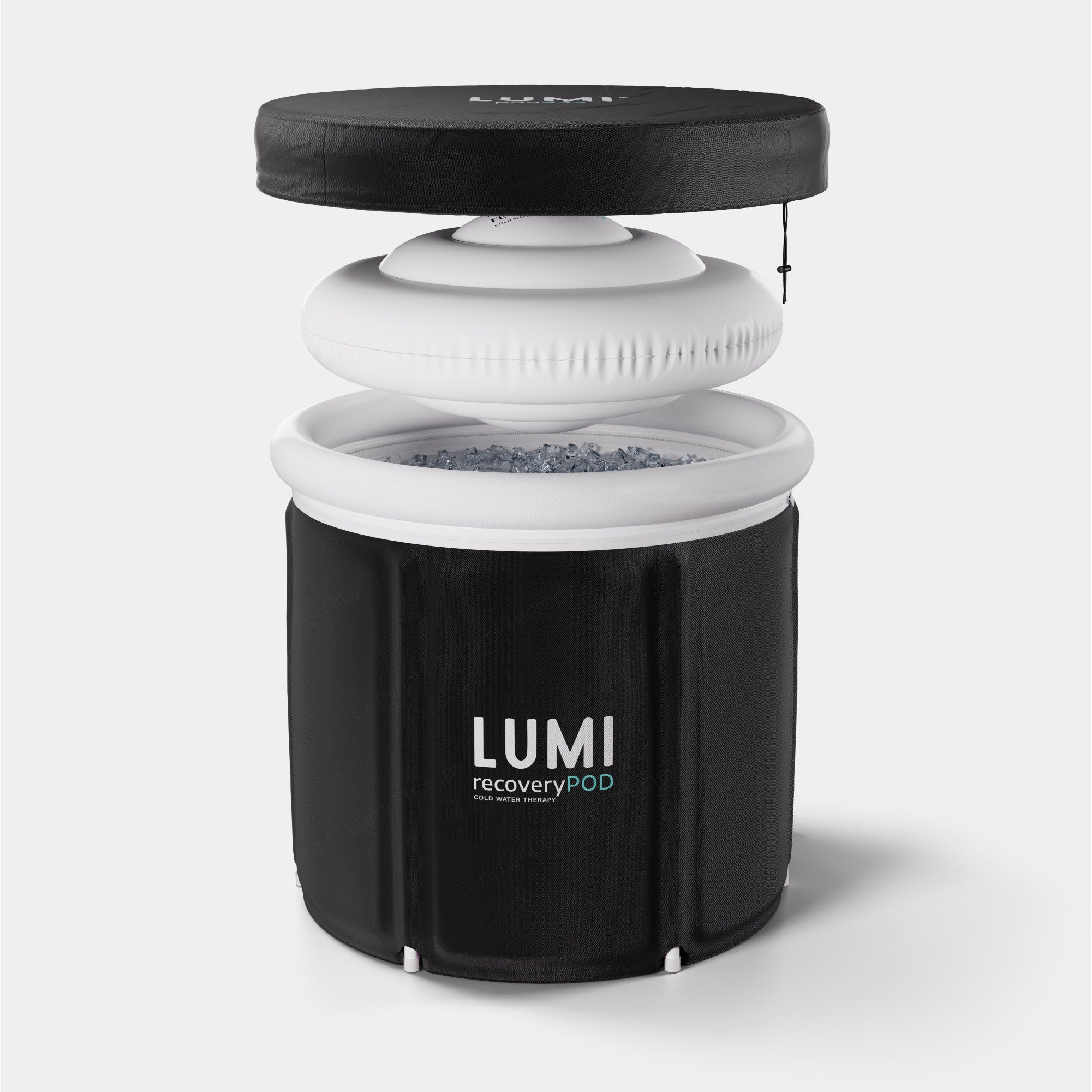 LUMI Pod Ice Bath featuring exploded view of three-layer construction with black insulated base, white inflatable ring, and black UFO Thermo Lid, showcasing the innovative thermal design and patented components for optimal cold plunge therapy