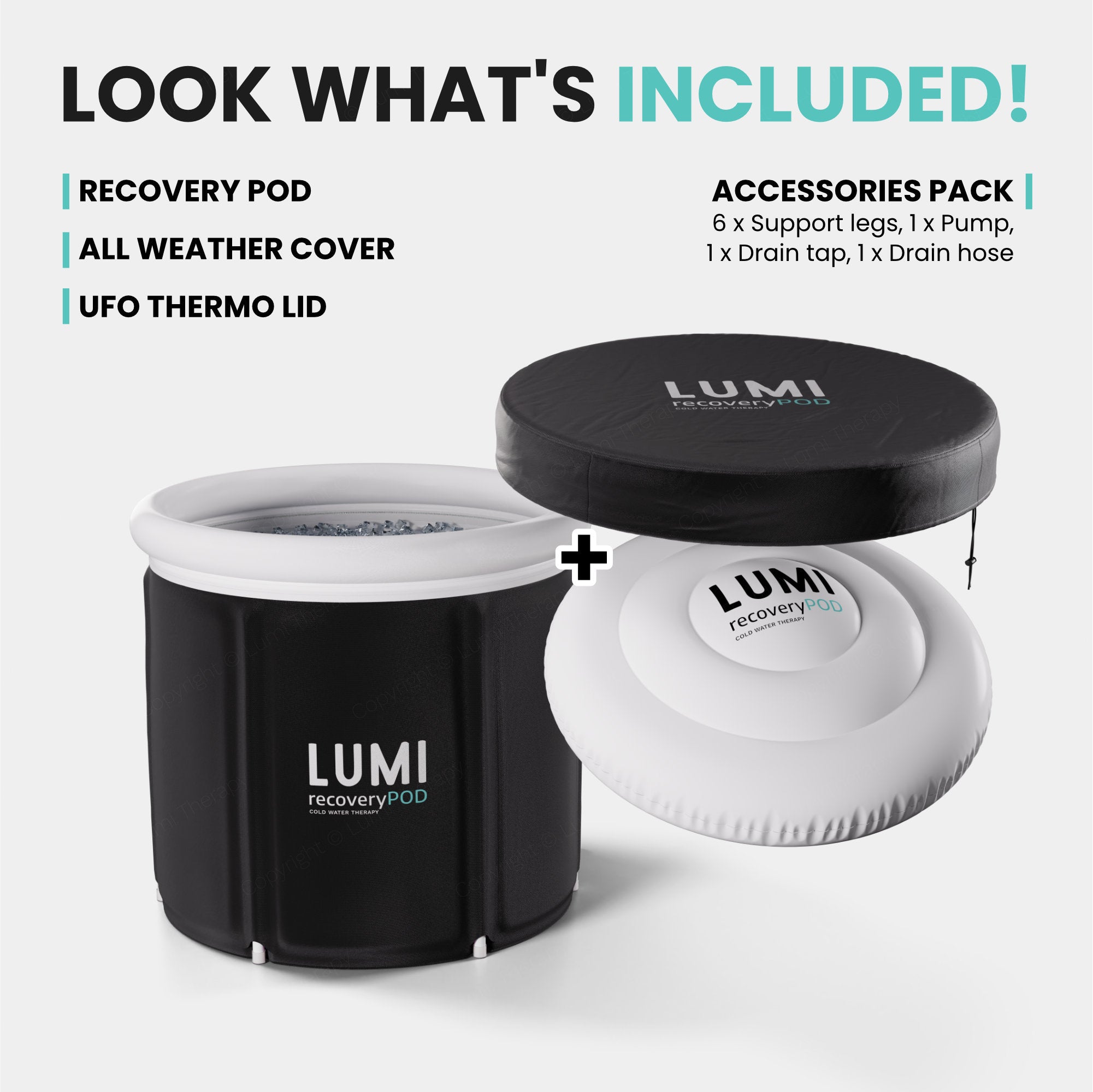 LUMI Pod Ice Bath complete set featuring black thermal-insulated recovery pod with UFO Thermo Lid, all-weather protective cover, and accessories pack including support legs, pump, and drain components, displayed on white background.