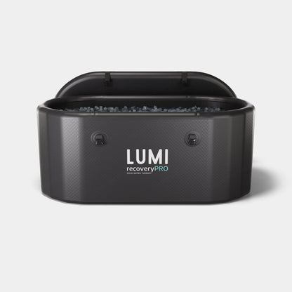 LUMI Recovery PRO Ice Bath shown in sleek black finish, featuring textured exterior with built-in insulation and thermal cover. Product displayed empty with visible LUMI branding on front panel, highlighting premium construction and professional-grade design for cold therapy treatment.