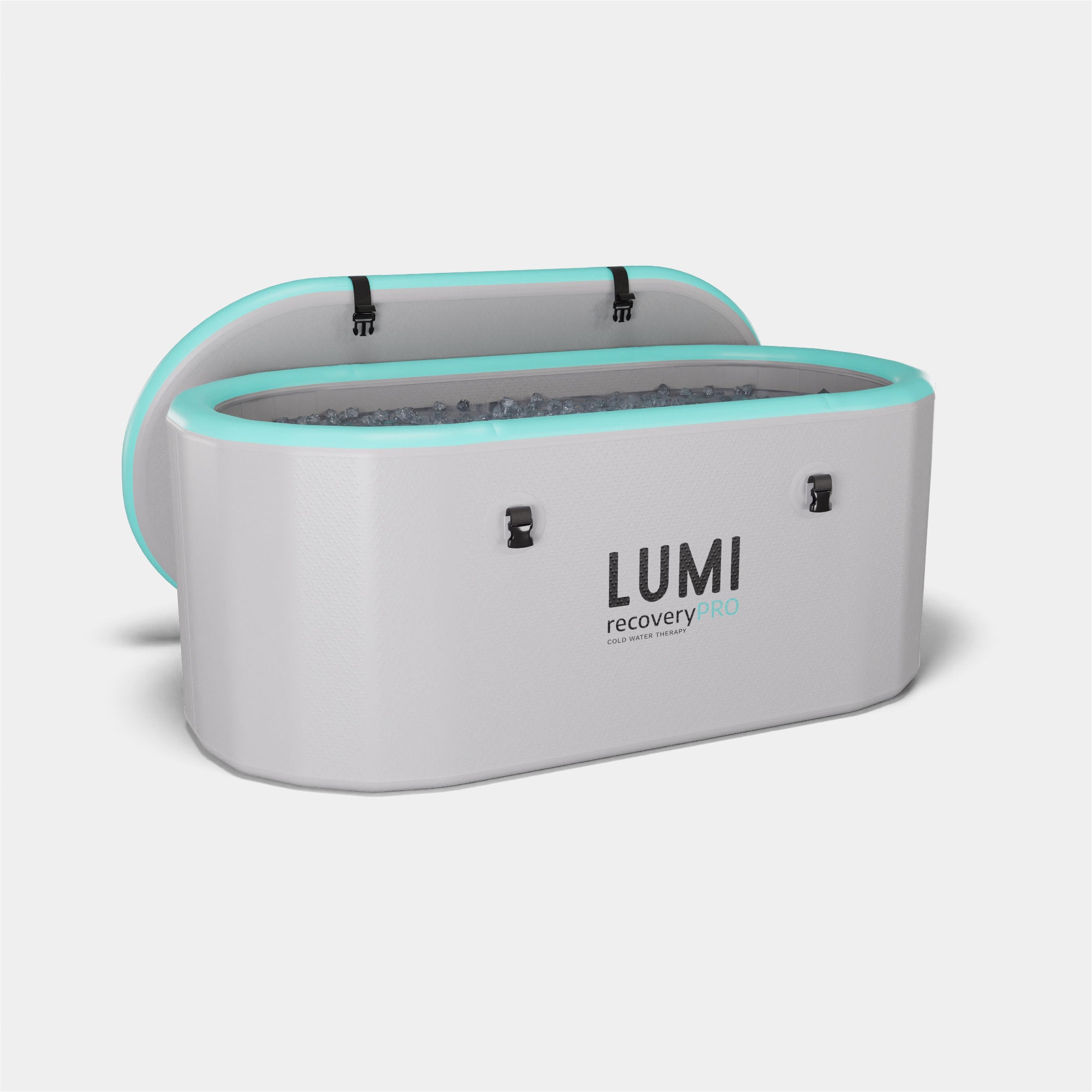 LUMI Recovery PRO Ice Bath featuring a sleek white exterior with turquoise trim, showcasing a modern oval-shaped design with thick insulated walls. The spacious bath displays the LUMI logo and includes secure black mounting points for the thermal cover, perfect for professional cold therapy treatment.