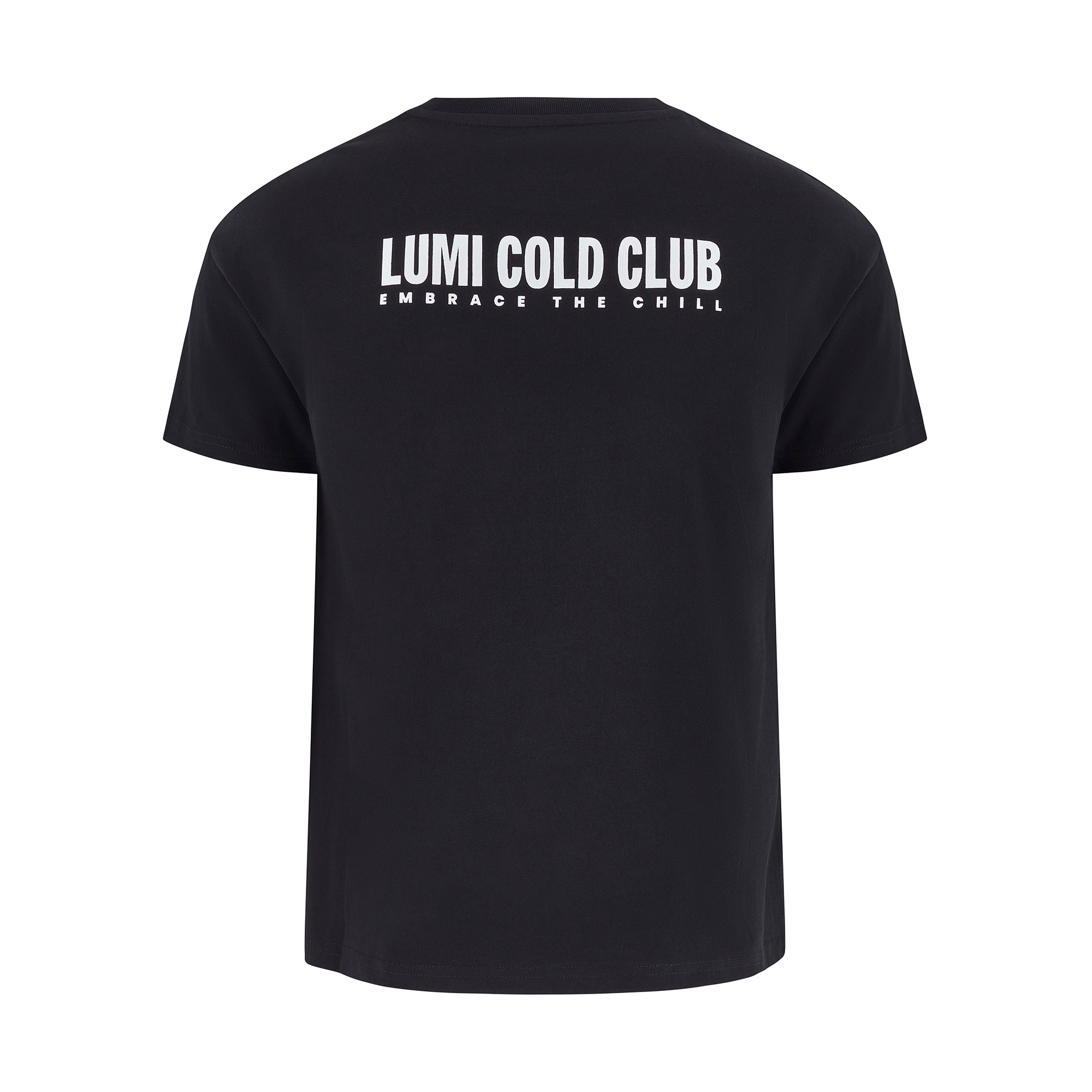 Women's LCC T-Shirt Black featuring a premium heavyweight black cotton tee with LUMI Cold Club text graphic printed in white on the back, showcasing classic regular fit design and raised rubber logo details