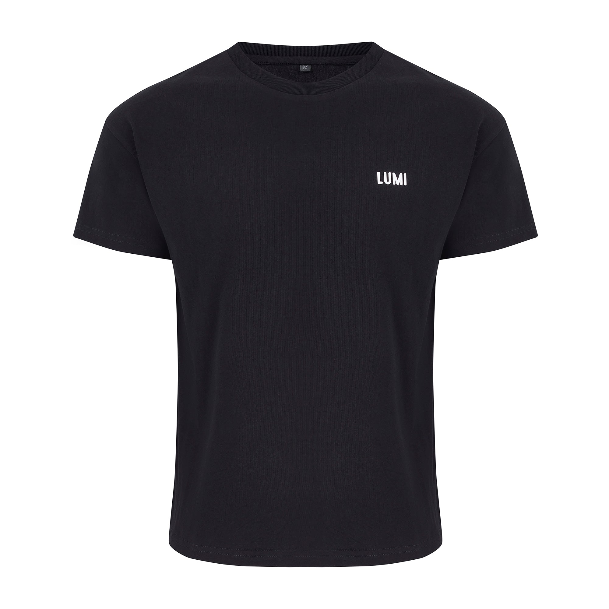 Womens LCC T-Shirt Black: Classic heavyweight black cotton t-shirt featuring small white LUMI logo on chest and LUMI Cold Club graphic across back. Regular fit t-shirt shown flat against white background showcasing minimal design and premium construction.