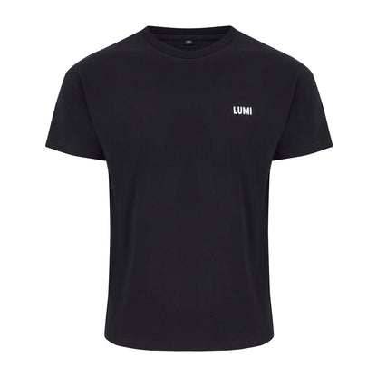 Womens LCC T-Shirt Black: Classic heavyweight black cotton t-shirt featuring small white LUMI logo on chest and LUMI Cold Club graphic across back. Regular fit t-shirt shown flat against white background showcasing minimal design and premium construction.