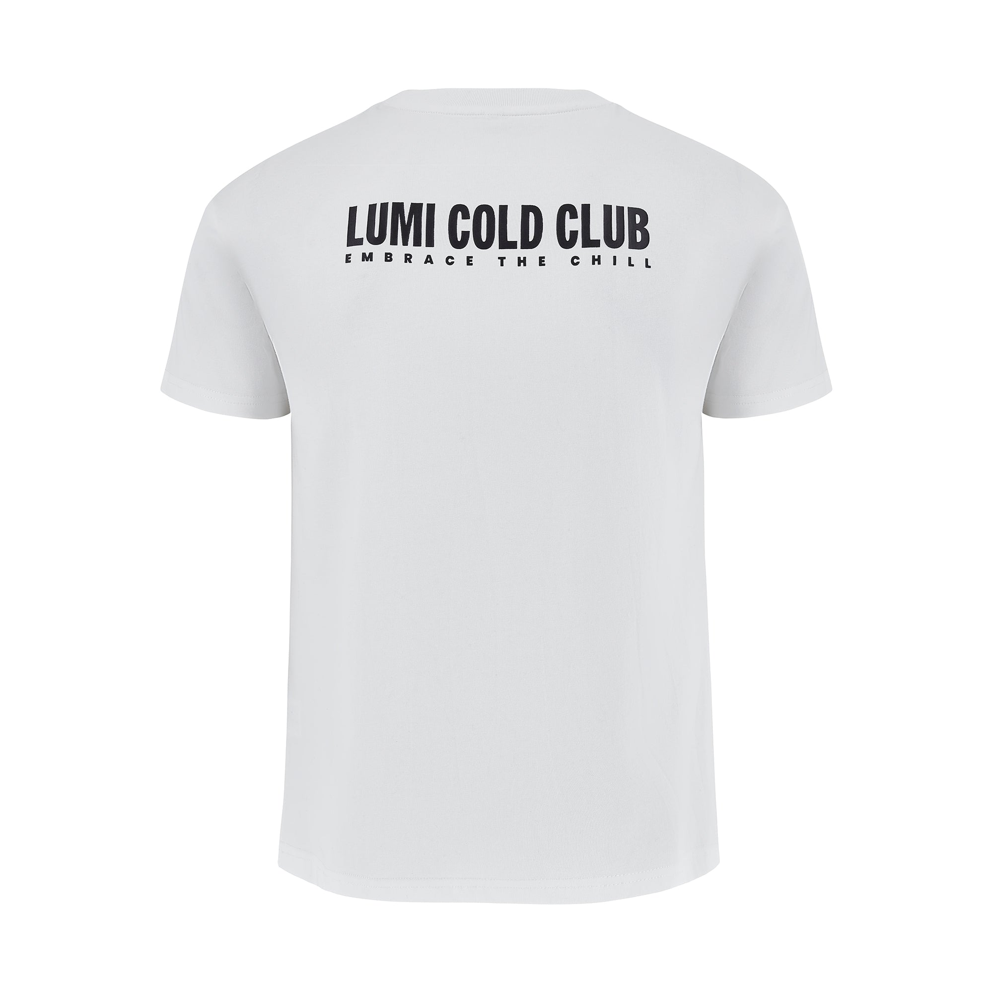 Women's LCC T-Shirt White featuring a classic white heavyweight cotton design with black LUMI COLD CLUB text printed on the back, showcasing clean minimalist styling and premium quality construction, perfect for casual everyday wear