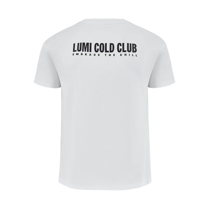 Women's LCC T-Shirt White featuring a classic white heavyweight cotton design with black LUMI COLD CLUB text printed on the back, showcasing clean minimalist styling and premium quality construction, perfect for casual everyday wear