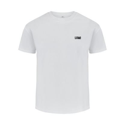 Women's LCC T-Shirt White: Classic fit heavyweight white cotton t-shirt featuring small LUMI logo on chest and LUMI Cold Club graphic on back, shown flat lay against white background, displaying premium quality fabric and minimalist design.