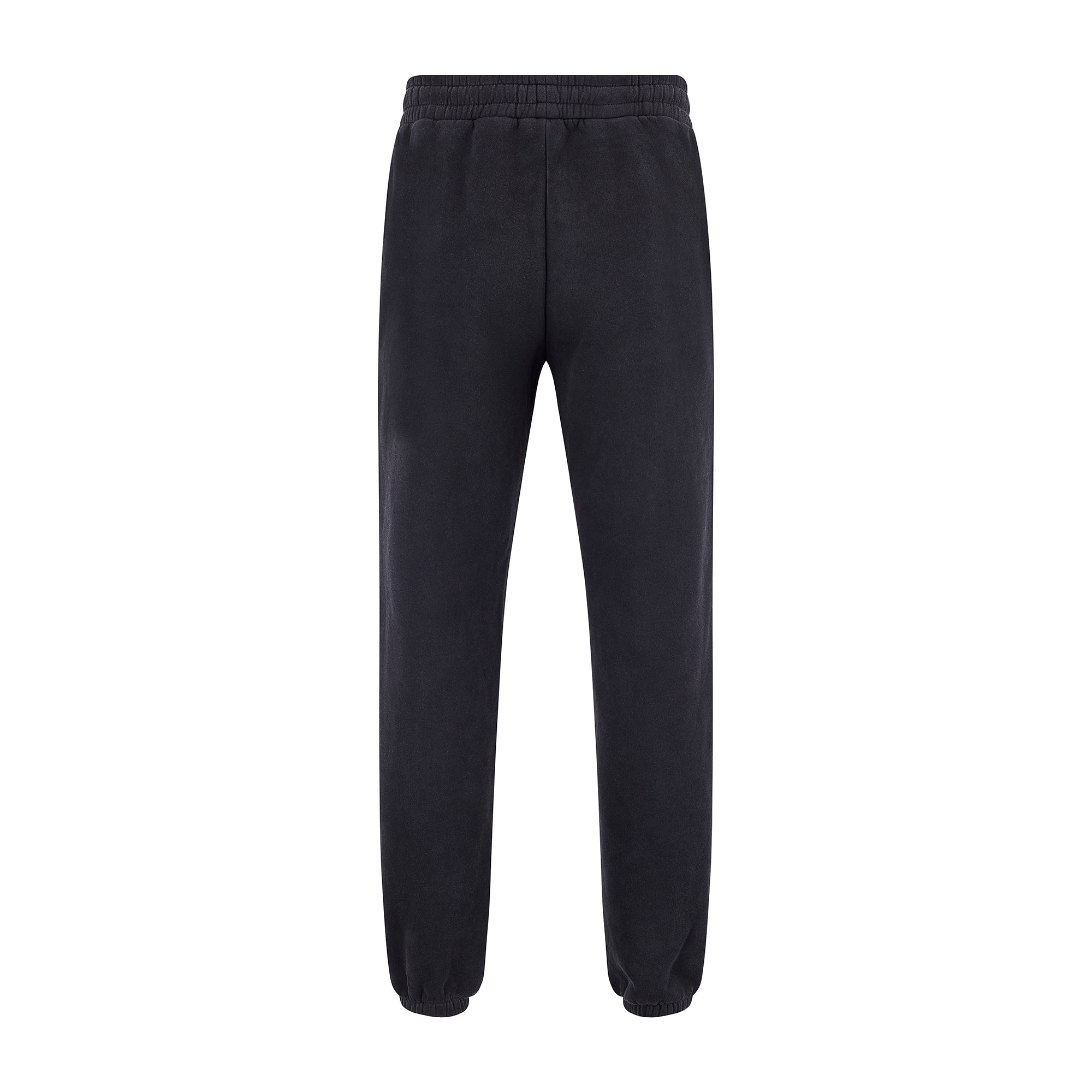 Women's LUX Sweatpants Black Wash featuring elastic waistband and cuffed ankles, shown in black wash color with raised rubber logo. Premium cotton-polyester blend sweatpants displayed in straight front view, showcasing relaxed fit and heavyweight fabric construction.