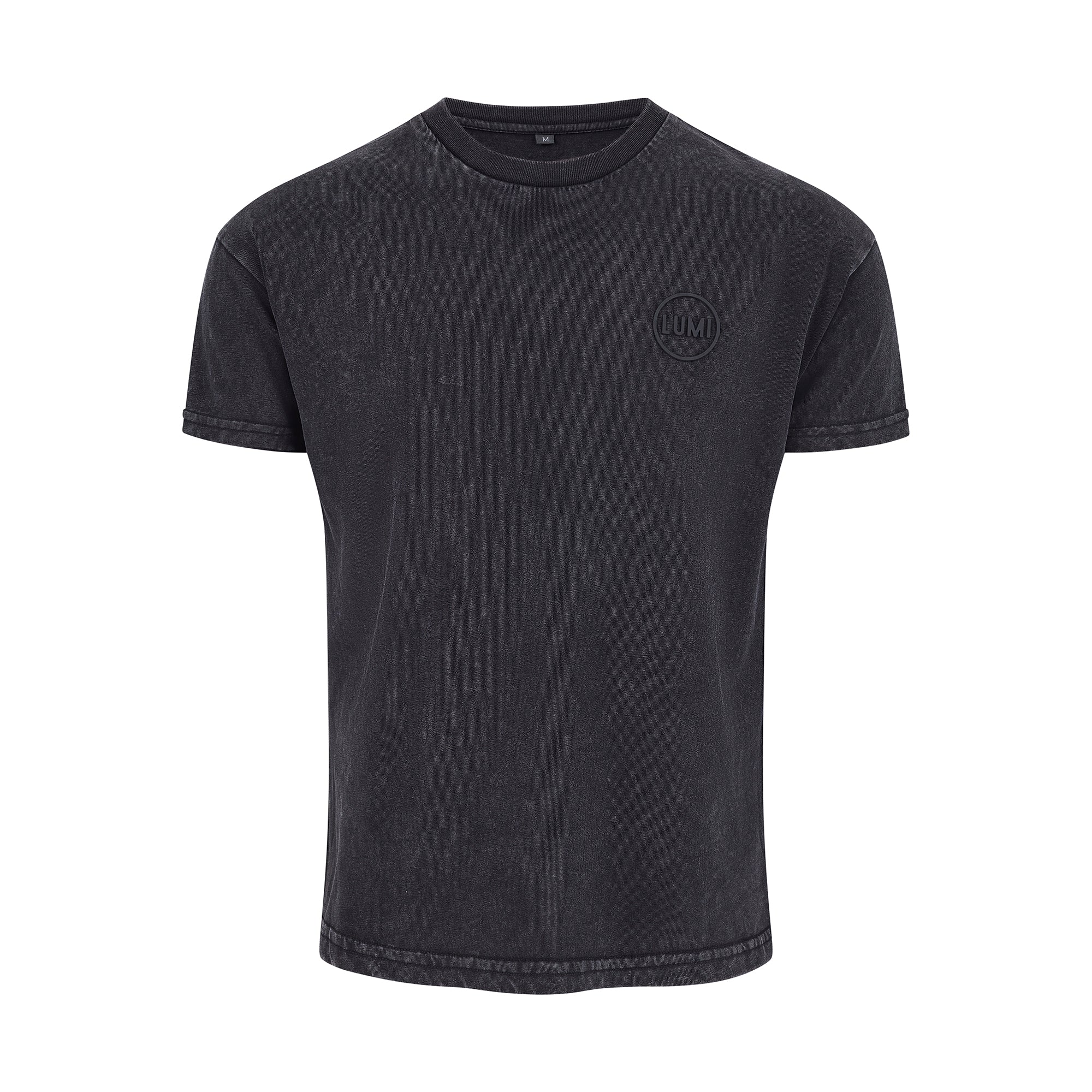 Womens LUX T-Shirt Black Wash featuring a classic crew neck design in vintage black wash cotton with raised rubber logo on chest. Premium heavyweight 230gsm fabric shown in flattering relaxed fit with short sleeves and ribbed neckline.