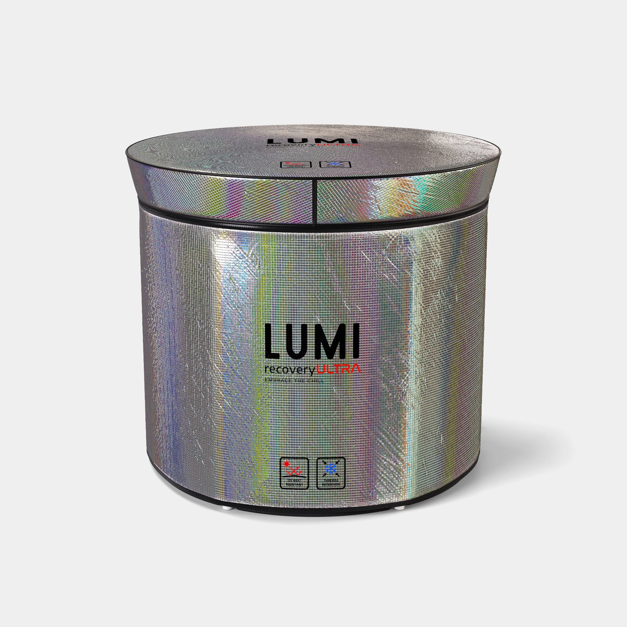 LUMI Ultra Cover, a cylindrical iridescent ice bath cover with holographic silver finish, featuring a zip-top lid and brand logo. The thermal insulating wrap displays shifting rainbow colors and has a sleek, modern design for premium ice bath protection.